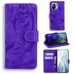 Intricate Embossing Tiger Face Leather Wallet Case for Xiaomi Mi 11 - Purple