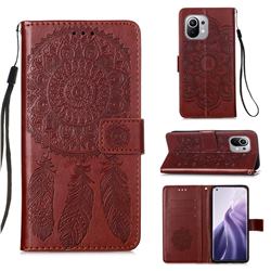 Embossing Dream Catcher Mandala Flower Leather Wallet Case for Xiaomi Mi 11 - Brown
