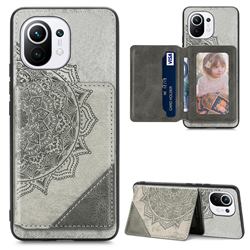 Mandala Flower Cloth Multifunction Stand Card Leather Phone Case for Xiaomi Mi 11 - Gray