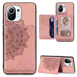 Mandala Flower Cloth Multifunction Stand Card Leather Phone Case for Xiaomi Mi 11 - Rose Gold