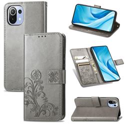 Embossing Imprint Four-Leaf Clover Leather Wallet Case for Xiaomi Mi 11 Lite - Grey