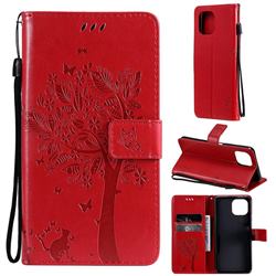 Embossing Butterfly Tree Leather Wallet Case for Xiaomi Mi 11 Lite - Red