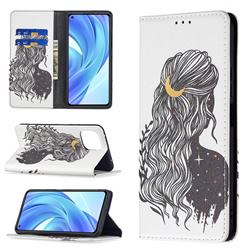 Girl with Long Hair Slim Magnetic Attraction Wallet Flip Cover for Xiaomi Mi 11 Lite