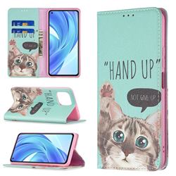 Hand Up Cat Slim Magnetic Attraction Wallet Flip Cover for Xiaomi Mi 11 Lite