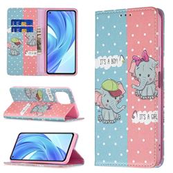 Elephant Boy and Girl Slim Magnetic Attraction Wallet Flip Cover for Xiaomi Mi 11 Lite