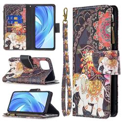 Totem Flower Elephant Binfen Color BF03 Retro Zipper Leather Wallet Phone Case for Xiaomi Mi 11 Lite