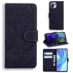Intricate Embossing Tiger Face Leather Wallet Case for Xiaomi Mi 11 Lite - Black