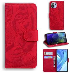 Intricate Embossing Tiger Face Leather Wallet Case for Xiaomi Mi 11 Lite - Red