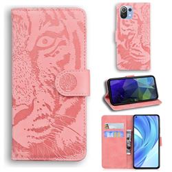 Intricate Embossing Tiger Face Leather Wallet Case for Xiaomi Mi 11 Lite - Pink