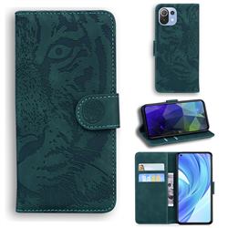 Intricate Embossing Tiger Face Leather Wallet Case for Xiaomi Mi 11 Lite - Green