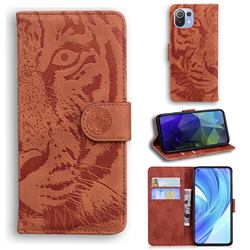 Intricate Embossing Tiger Face Leather Wallet Case for Xiaomi Mi 11 Lite - Brown