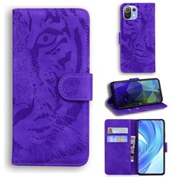 Intricate Embossing Tiger Face Leather Wallet Case for Xiaomi Mi 11 Lite - Purple