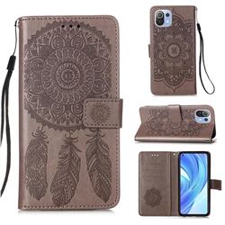 Embossing Dream Catcher Mandala Flower Leather Wallet Case for Xiaomi Mi 11 Lite - Gray