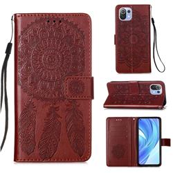 Embossing Dream Catcher Mandala Flower Leather Wallet Case for Xiaomi Mi 11 Lite - Brown
