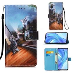 Mirror Cat Matte Leather Wallet Phone Case for Xiaomi Mi 11 Lite