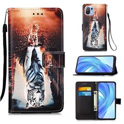 Cat and Tiger Matte Leather Wallet Phone Case for Xiaomi Mi 11 Lite