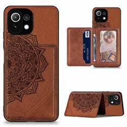 Mandala Flower Cloth Multifunction Stand Card Leather Phone Case for Xiaomi Mi 11 Lite - Brown