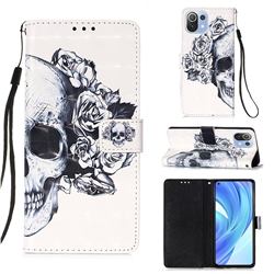 Skull Flower 3D Painted Leather Wallet Case for Xiaomi Mi 11 Lite