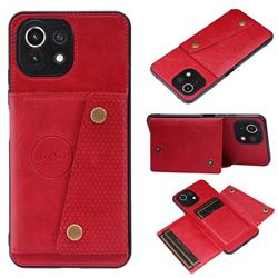 Retro Multifunction Card Slots Stand Leather Coated Phone Back Cover for Xiaomi Mi 11 Lite - Red