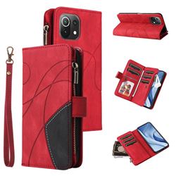 Luxury Two-color Stitching Multi-function Zipper Leather Wallet Case Cover for Xiaomi Mi 11 Lite - Red