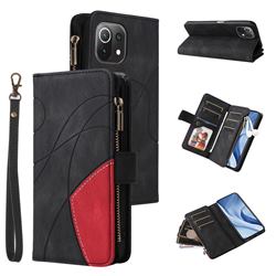 Luxury Two-color Stitching Multi-function Zipper Leather Wallet Case Cover for Xiaomi Mi 11 Lite - Black