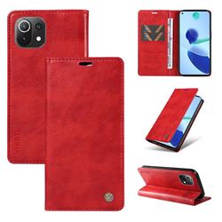 YIKATU Litchi Card Magnetic Automatic Suction Leather Flip Cover for Xiaomi Mi 11 Lite - Bright Red