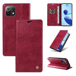YIKATU Litchi Card Magnetic Automatic Suction Leather Flip Cover for Xiaomi Mi 11 Lite - Wine Red