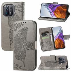 Embossing Mandala Flower Butterfly Leather Wallet Case for Xiaomi Mi 11 Pro - Gray