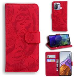 Intricate Embossing Tiger Face Leather Wallet Case for Xiaomi Mi 11 Pro - Red