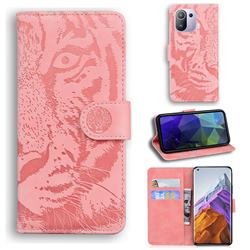 Intricate Embossing Tiger Face Leather Wallet Case for Xiaomi Mi 11 Pro - Pink