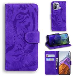 Intricate Embossing Tiger Face Leather Wallet Case for Xiaomi Mi 11 Pro - Purple