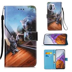Mirror Cat Matte Leather Wallet Phone Case for Xiaomi Mi 11 Pro