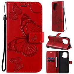 Embossing 3D Butterfly Leather Wallet Case for Xiaomi Mi 11 Pro - Red