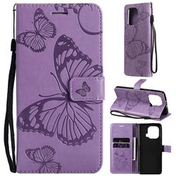Embossing 3D Butterfly Leather Wallet Case for Xiaomi Mi 11 Pro - Purple