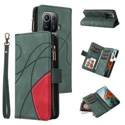 Luxury Two-color Stitching Multi-function Zipper Leather Wallet Case Cover for Xiaomi Mi 11 Pro - Green