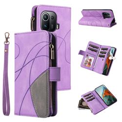 Luxury Two-color Stitching Multi-function Zipper Leather Wallet Case Cover for Xiaomi Mi 11 Pro - Purple