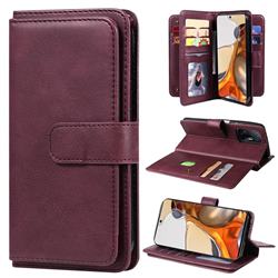 Multi-function Ten Card Slots and Photo Frame PU Leather Wallet Phone Case Cover for Xiaomi Mi 11T / 11T Pro - Claret