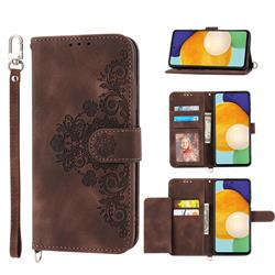 Skin Feel Embossed Lace Flower Multiple Card Slots Leather Wallet Phone Case for Xiaomi Mi 11T / 11T Pro - Brown