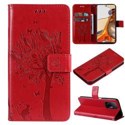 Embossing Butterfly Tree Leather Wallet Case for Xiaomi Mi 11T / 11T Pro - Red