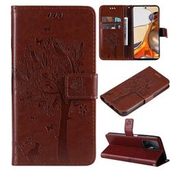 Embossing Butterfly Tree Leather Wallet Case for Xiaomi Mi 11T / 11T Pro - Coffee