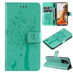 Embossing Butterfly Tree Leather Wallet Case for Xiaomi Mi 11T / 11T Pro - Cyan
