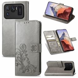 Embossing Imprint Four-Leaf Clover Leather Wallet Case for Xiaomi Mi 11 Ultra - Grey