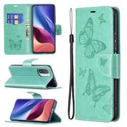 Embossing Double Butterfly Leather Wallet Case for Xiaomi Mi 11i / Poco F3 - Green