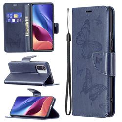 Embossing Double Butterfly Leather Wallet Case for Xiaomi Mi 11i / Poco F3 - Dark Blue