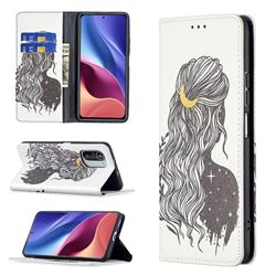 Girl with Long Hair Slim Magnetic Attraction Wallet Flip Cover for Xiaomi Mi 11i / Poco F3