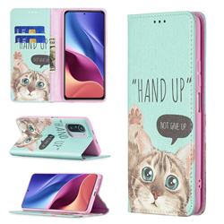 Hand Up Cat Slim Magnetic Attraction Wallet Flip Cover for Xiaomi Mi 11i / Poco F3