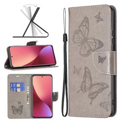 Embossing Double Butterfly Leather Wallet Case for Xiaomi Mi 12 - Gray