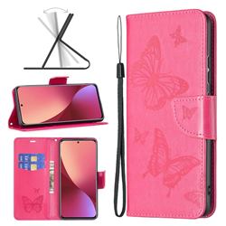 Embossing Double Butterfly Leather Wallet Case for Xiaomi Mi 12 - Red