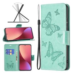 Embossing Double Butterfly Leather Wallet Case for Xiaomi Mi 12 - Green
