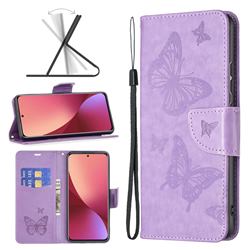 Embossing Double Butterfly Leather Wallet Case for Xiaomi Mi 12 - Purple